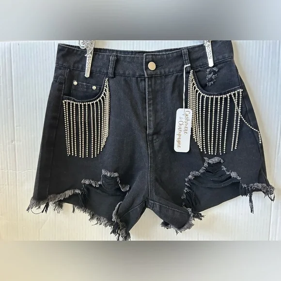 NWT CASHMERE & CHAMPAGNE DIAMOND TASSELS RIPPED DENIM SHORTS Sz. S - Picture 5 of 14